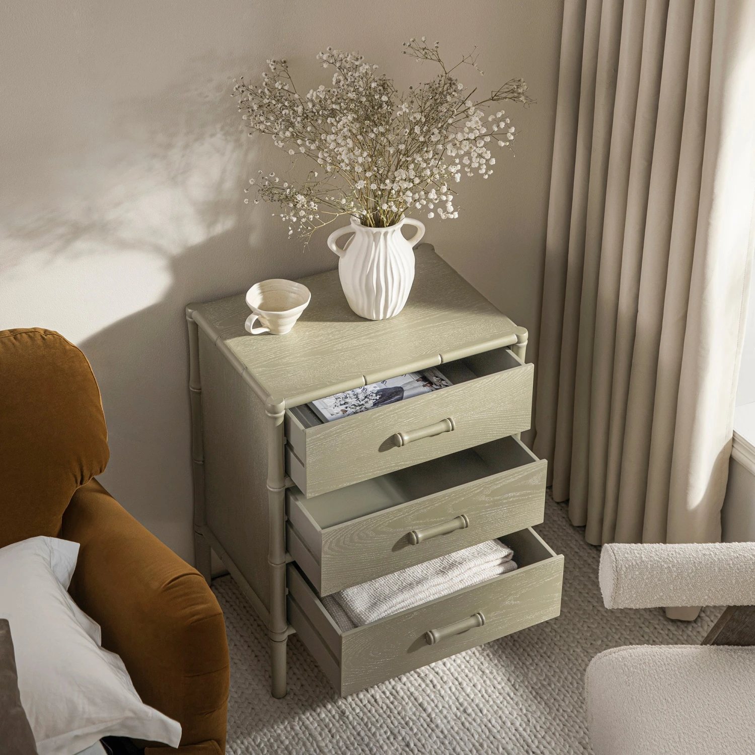 Elstowe Faux Bamboo 3-Drawer Bedside Table, Sage Green 3 Elstowe Faux Bamboo 3-Drawer Bedside Table, Sage Green - Image 3