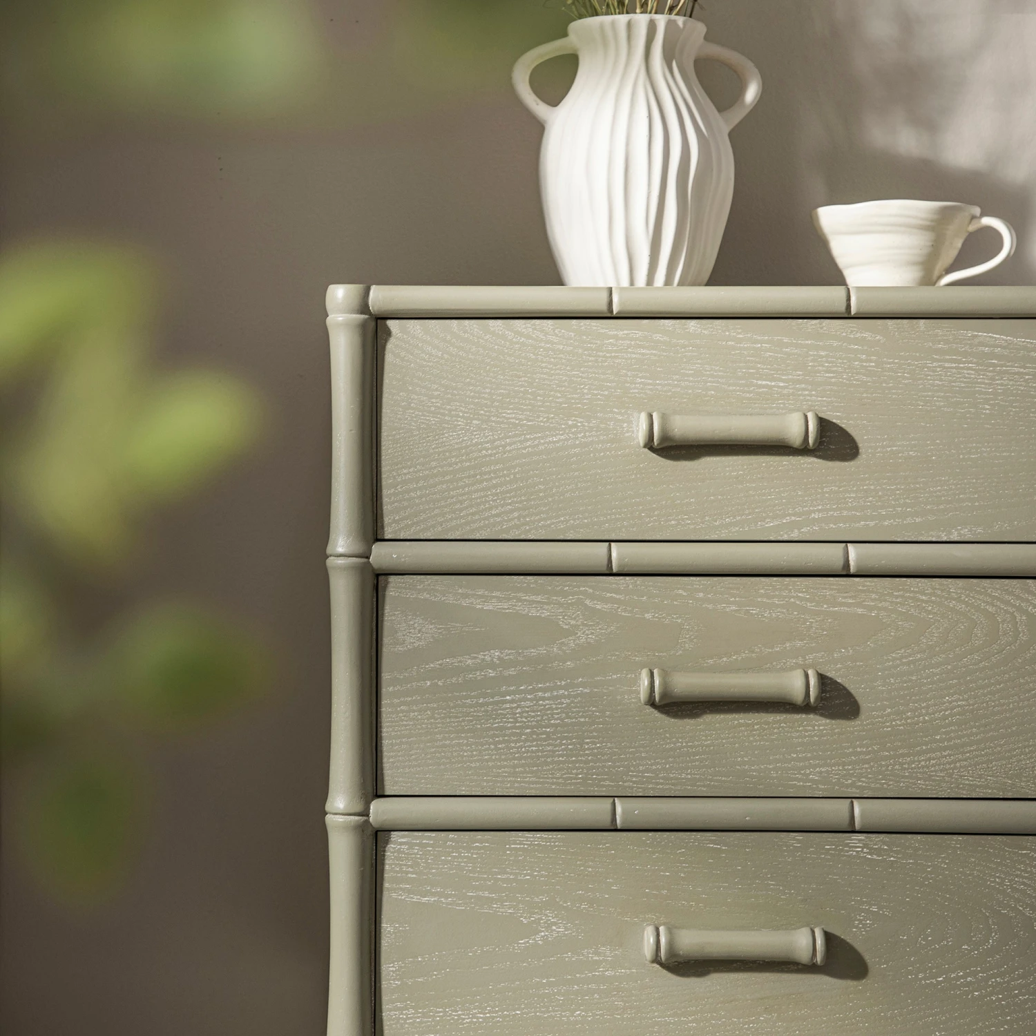 Elstowe Faux Bamboo 3-Drawer Bedside Table, Sage Green 4 Elstowe Faux Bamboo 3-Drawer Bedside Table, Sage Green - Image 4