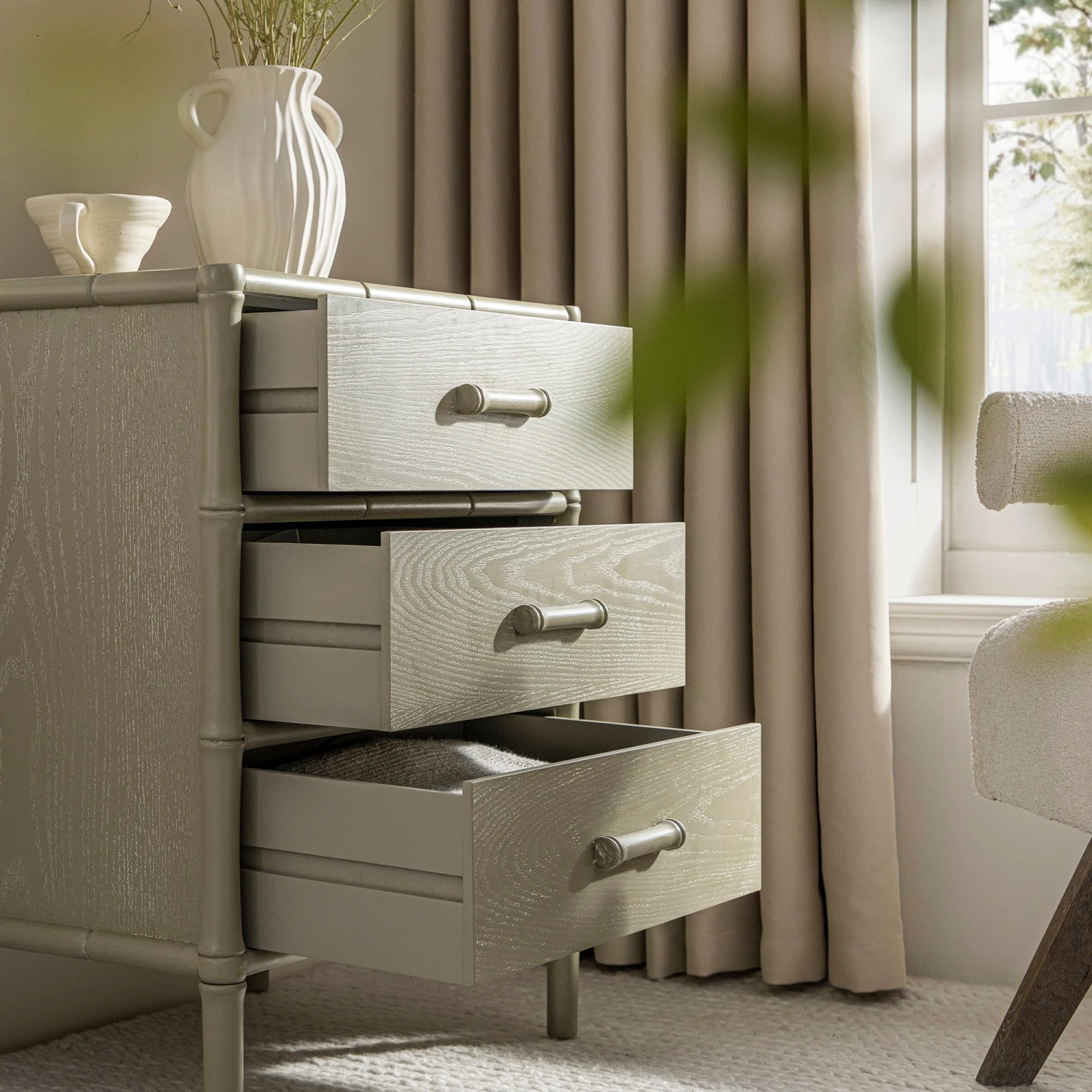 Elstowe Faux Bamboo 3-Drawer Bedside Table, Sage Green 6 Elstowe Faux Bamboo 3-Drawer Bedside Table, Sage Green - Image 6