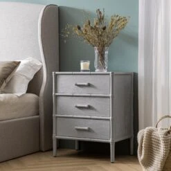 Elstowe Faux Bamboo 3-Drawer Bedside Table, Warm Grey