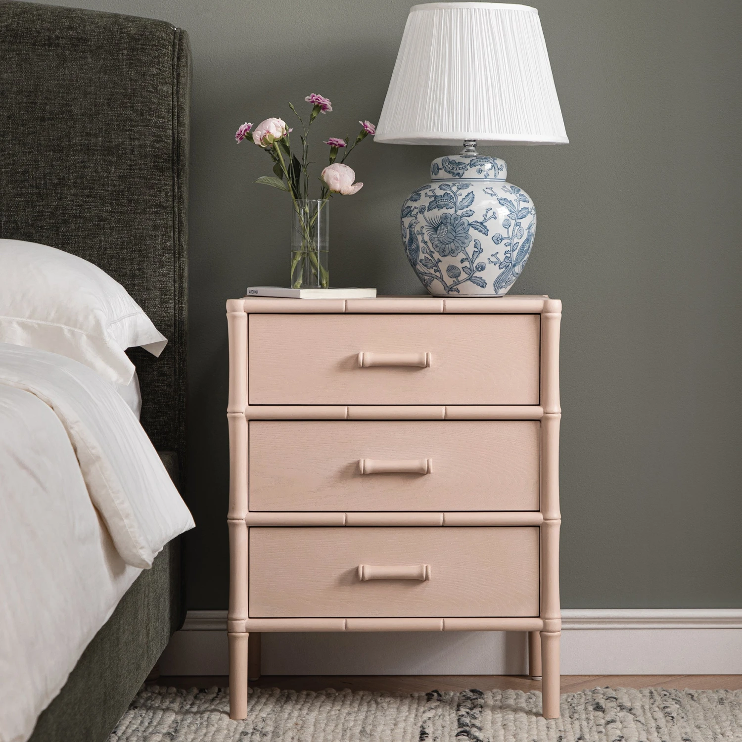 Elstowe Faux Bamboo 3-Drawer Bedside Table, Nude Pink 1 Elstowe Faux Bamboo 3-Drawer Bedside Table, Nude Pink