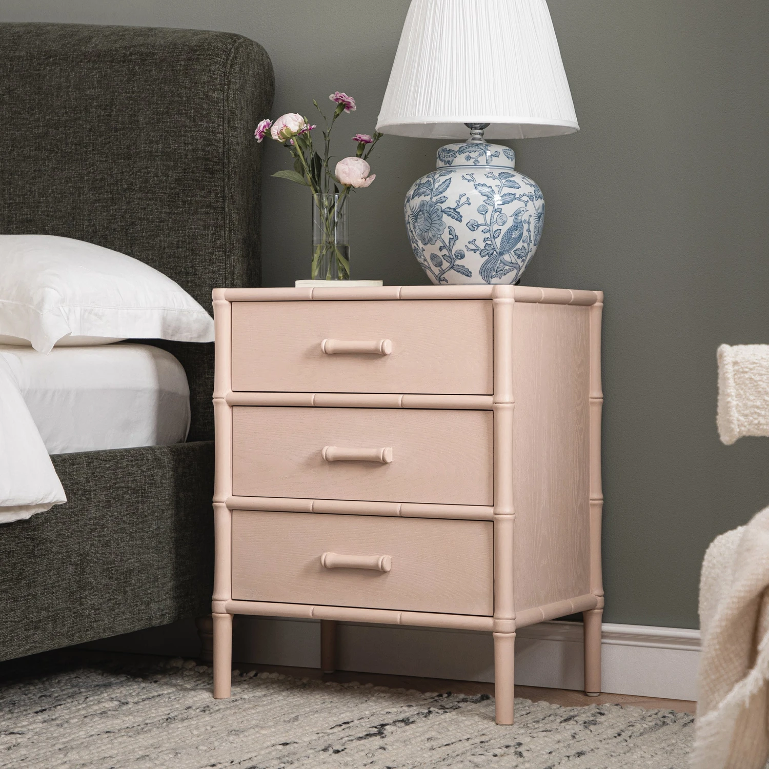 Elstowe Faux Bamboo 3-Drawer Bedside Table, Nude Pink 2 Elstowe Faux Bamboo 3-Drawer Bedside Table, Nude Pink - Image 2