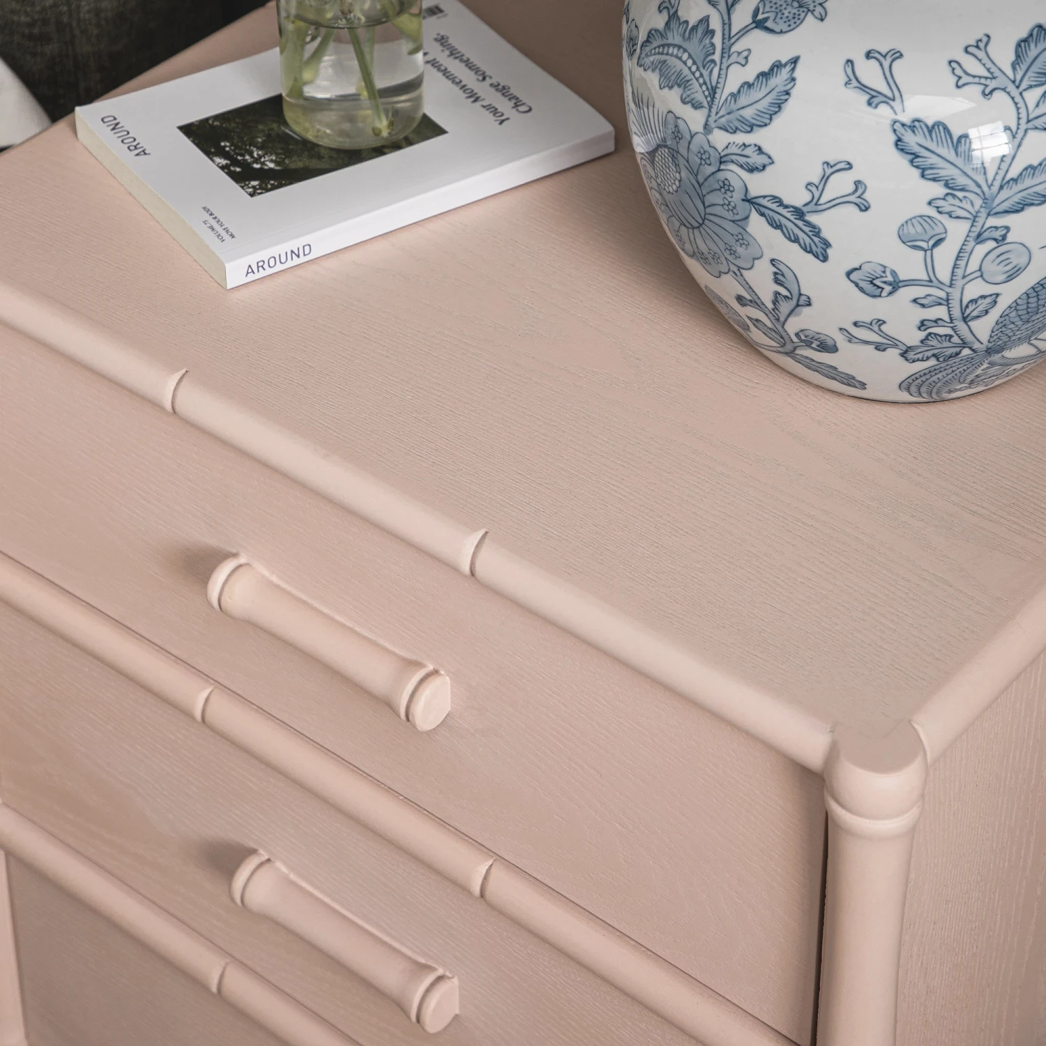Elstowe Faux Bamboo 3-Drawer Bedside Table, Nude Pink 7 Elstowe Faux Bamboo 3-Drawer Bedside Table, Nude Pink - Image 7