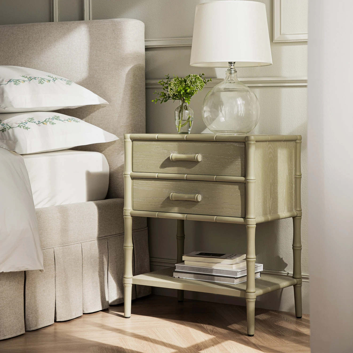 Elstowe Faux Bamboo 2-Drawer Bedside Table, Sage Green 2 Elstowe Faux Bamboo 2-Drawer Bedside Table, Sage Green - Image 2