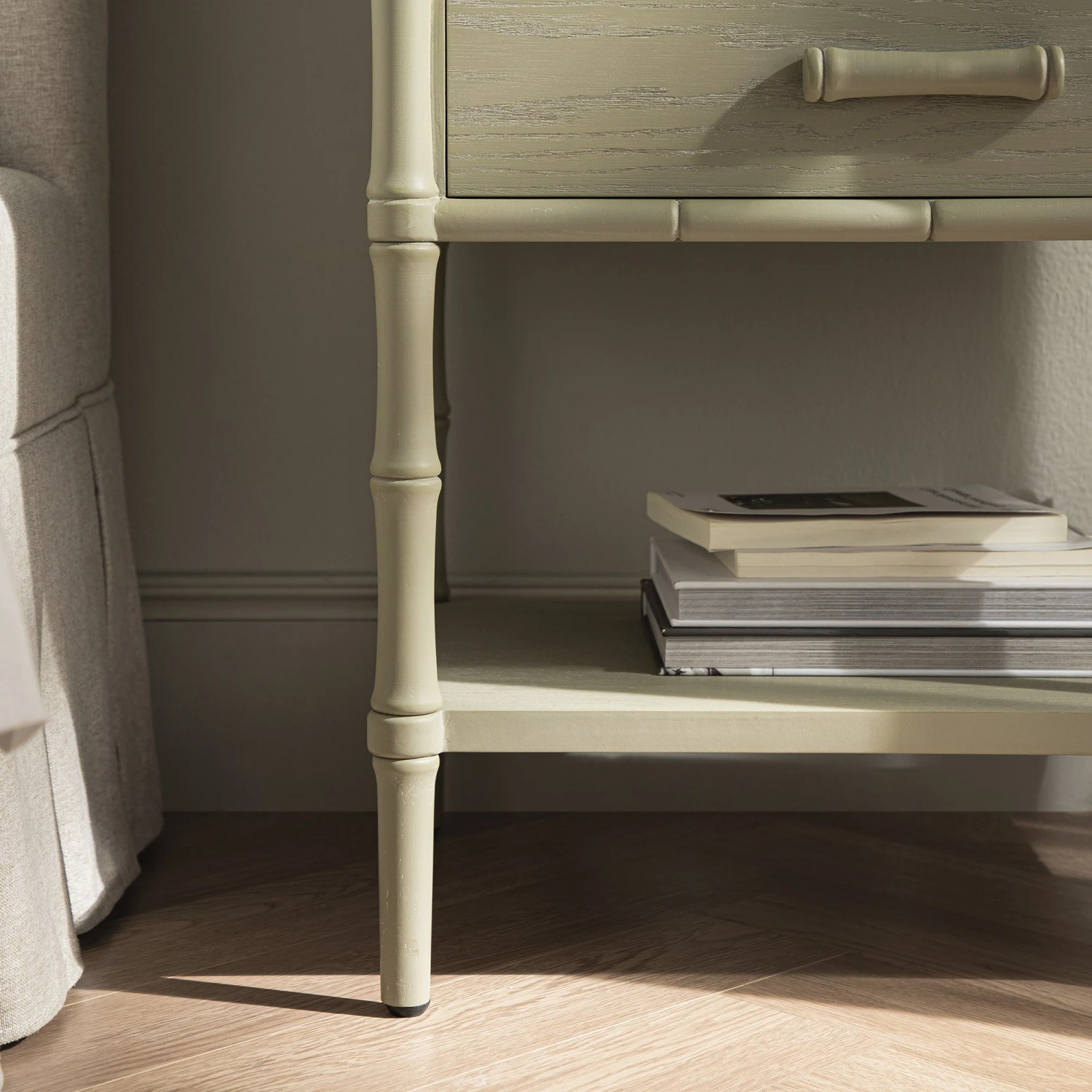 Elstowe Faux Bamboo 2-Drawer Bedside Table, Sage Green 5 Elstowe Faux Bamboo 2-Drawer Bedside Table, Sage Green - Image 5