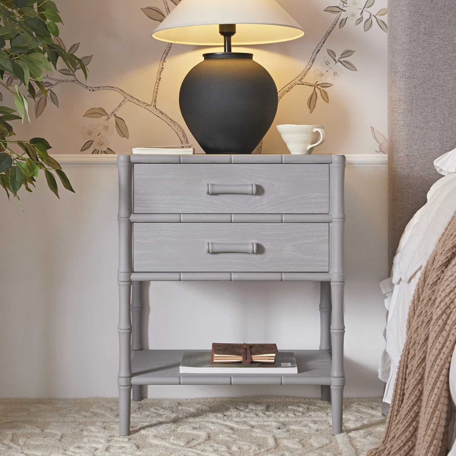 Elstowe Faux Bamboo 2-Drawer Bedside Table, Warm Grey 1 Elstowe Faux Bamboo 2-Drawer Bedside Table, Warm Grey