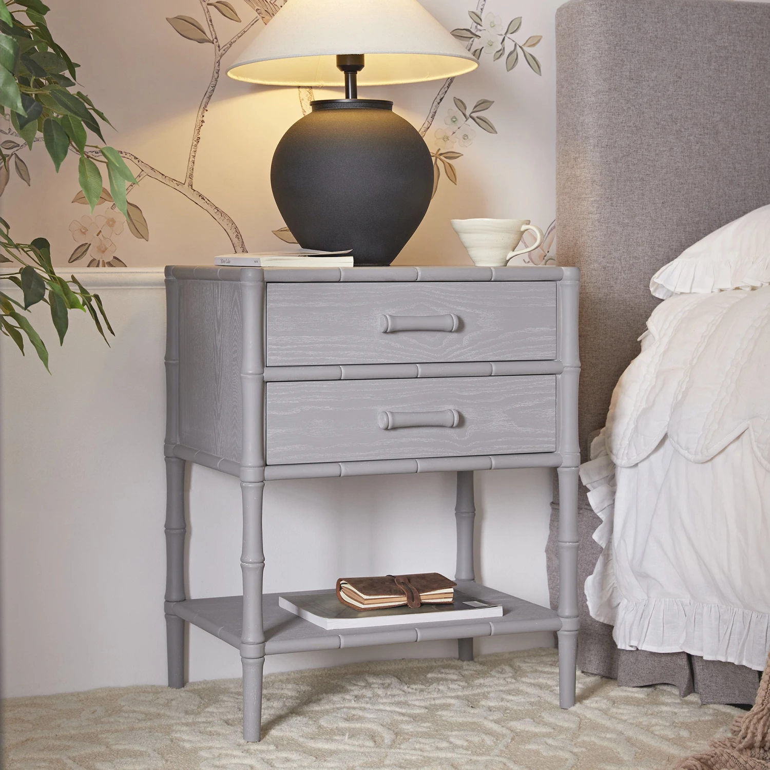 Elstowe Faux Bamboo 2-Drawer Bedside Table, Warm Grey 2 Elstowe Faux Bamboo 2-Drawer Bedside Table, Warm Grey - Image 2