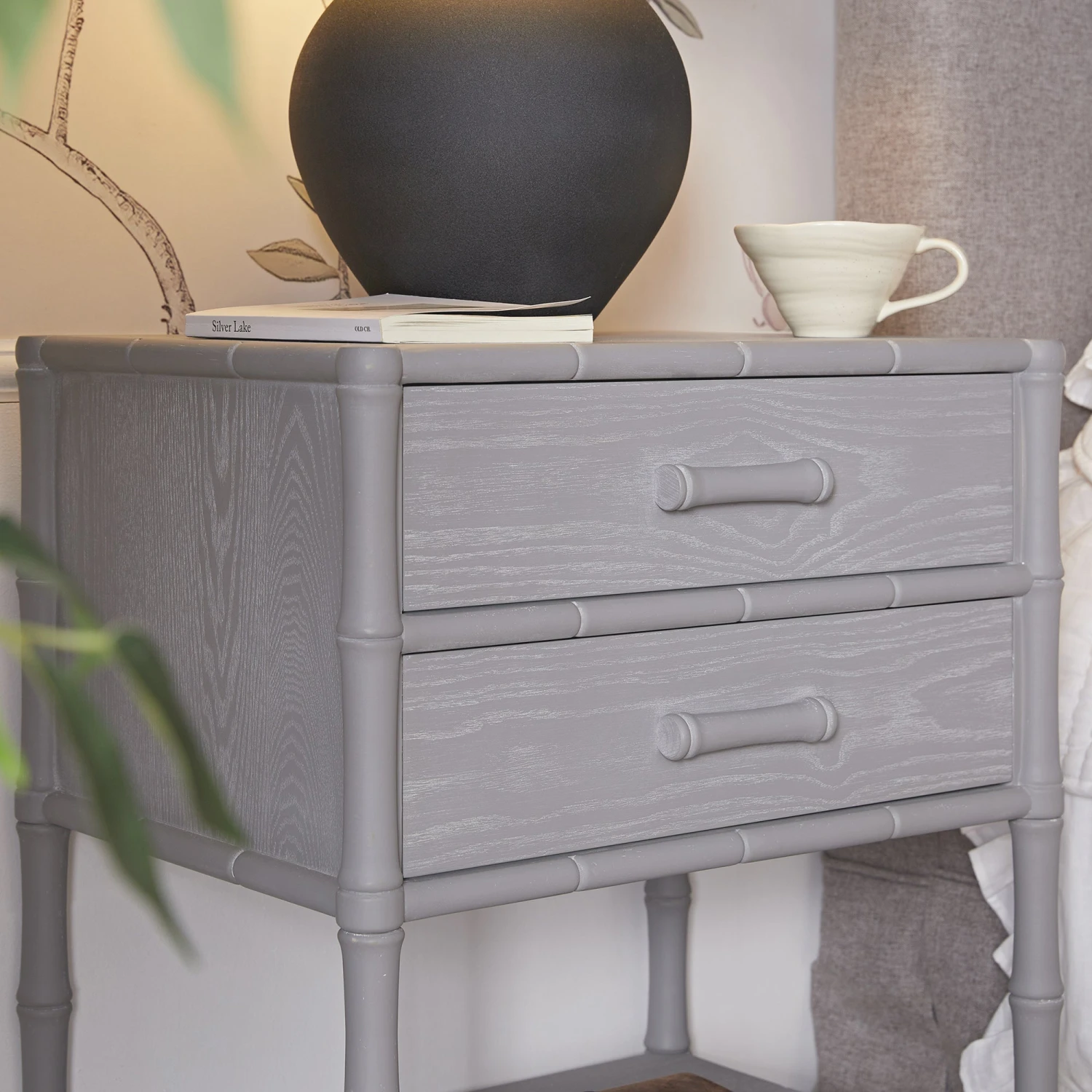 Elstowe Faux Bamboo 2-Drawer Bedside Table, Warm Grey 5 Elstowe Faux Bamboo 2-Drawer Bedside Table, Warm Grey - Image 5