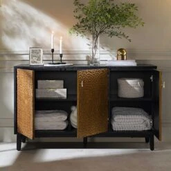 Bianca Chip Carved 3 Door Sideboard, Antique Bronze & Black -Daals Store XXSB 009 GOLD BLACK scene2