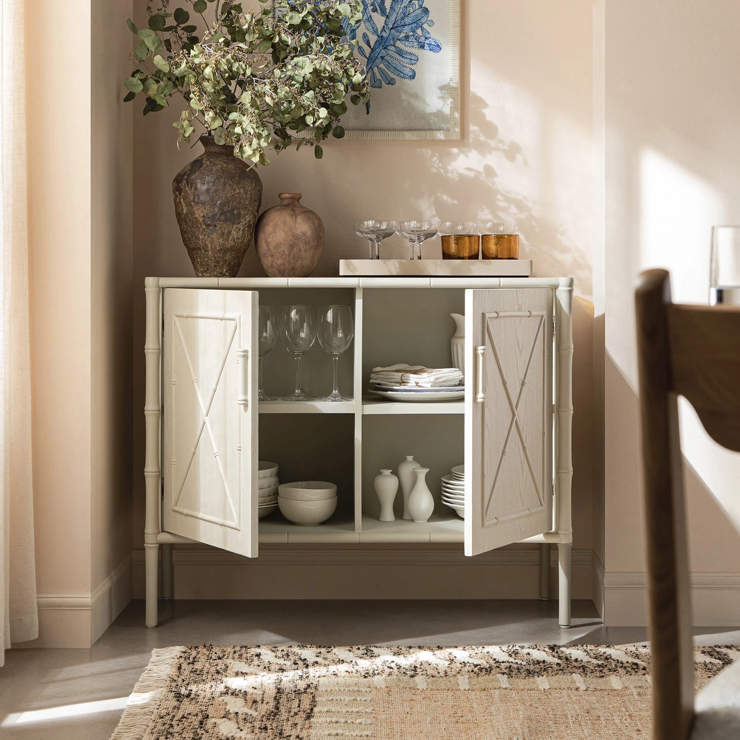 Elstowe Faux Bamboo Small Sideboard, Shaded White 3 Elstowe Faux Bamboo Small Sideboard, Shaded White - Image 3