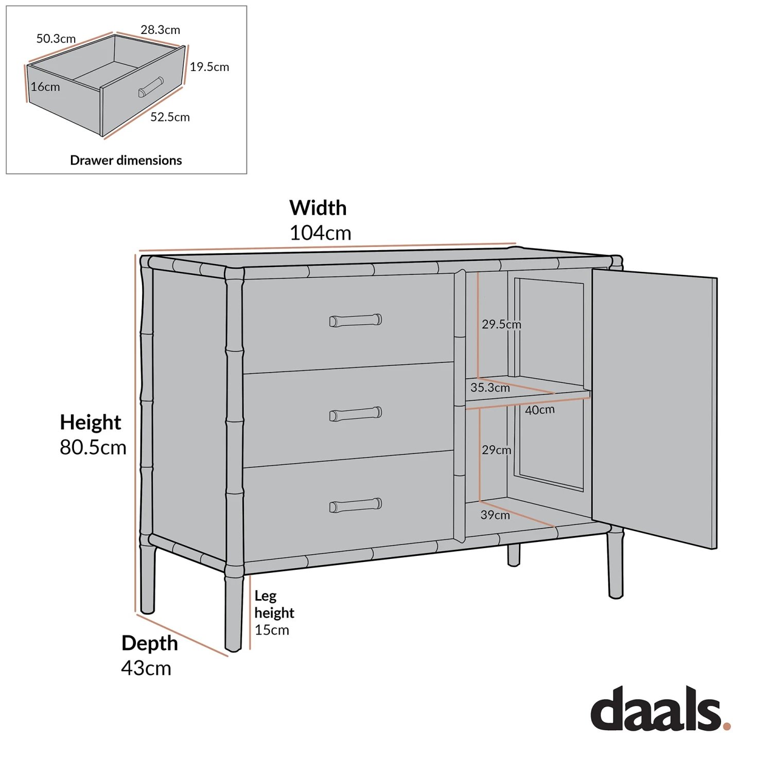 Elstowe Faux Bamboo 1-Door 3-Drawer Sideboard, Warm Grey 3 Elstowe Faux Bamboo 1-Door 3-Drawer Sideboard, Warm Grey - Image 3
