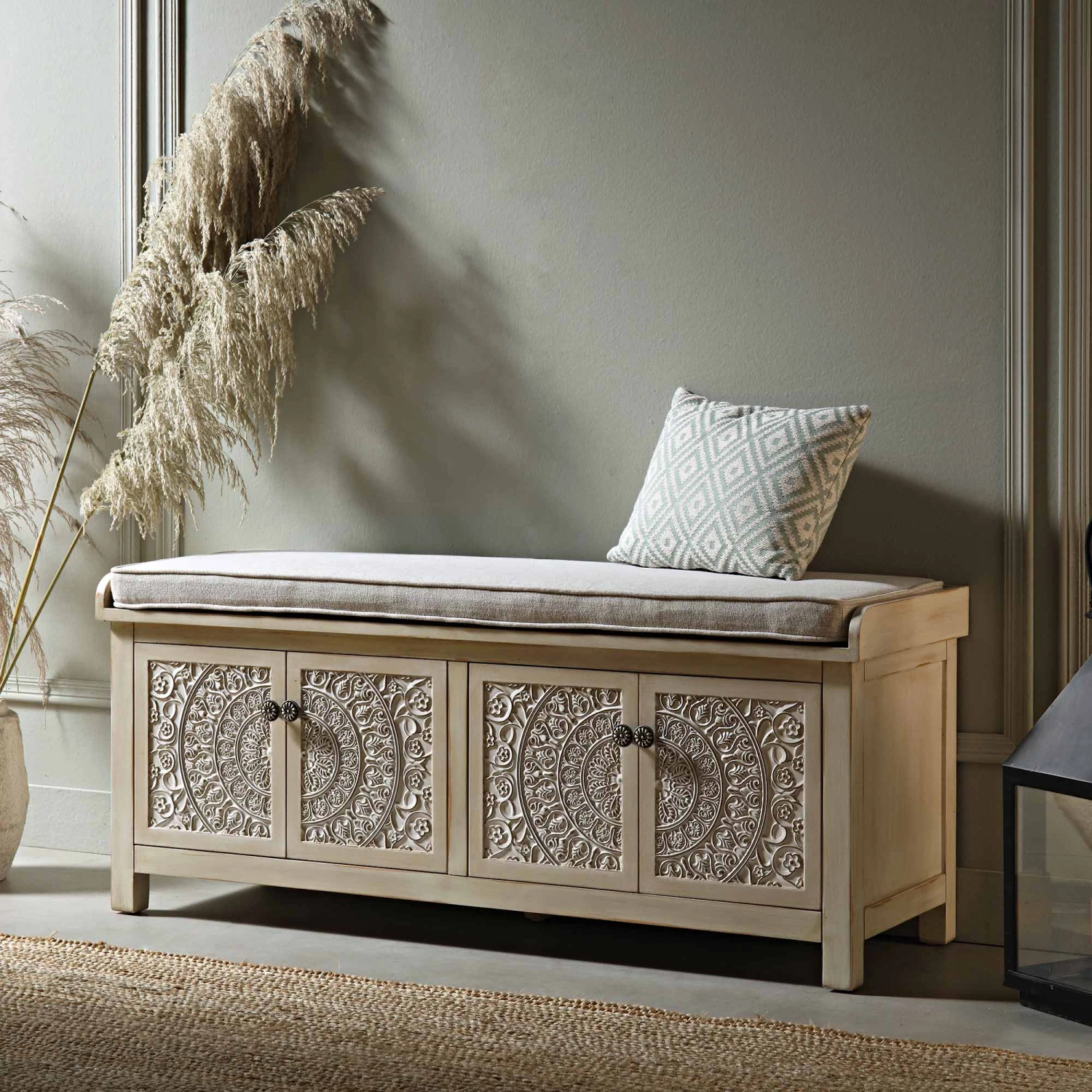 Chantilly Whitewashed Carved Storage Bench 2 Chantilly Whitewashed Carved Storage Bench - Image 2