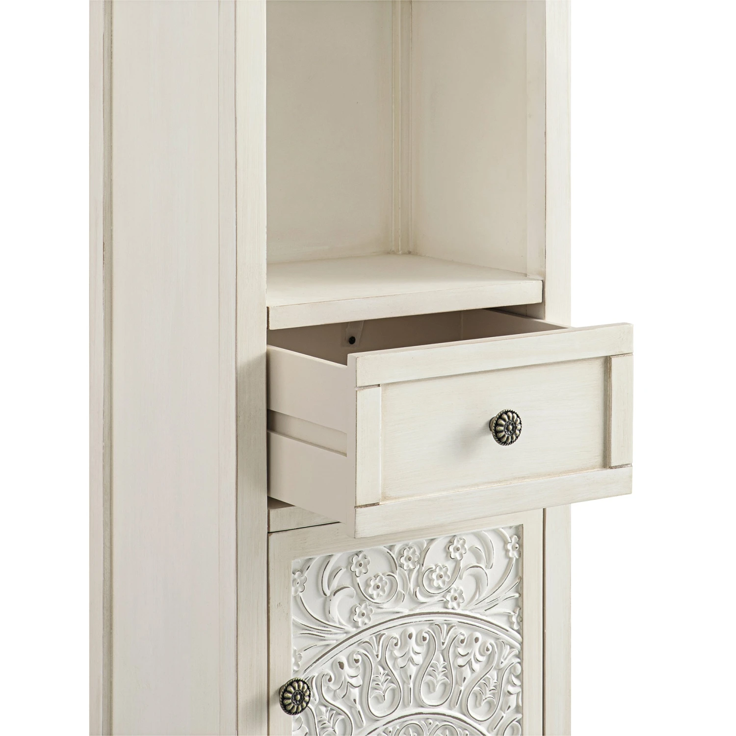 Chantilly Whitewashed Carved Bathroom Tallboy Cabinet 15 Chantilly Whitewashed Carved Bathroom Tallboy Cabinet - Image 15