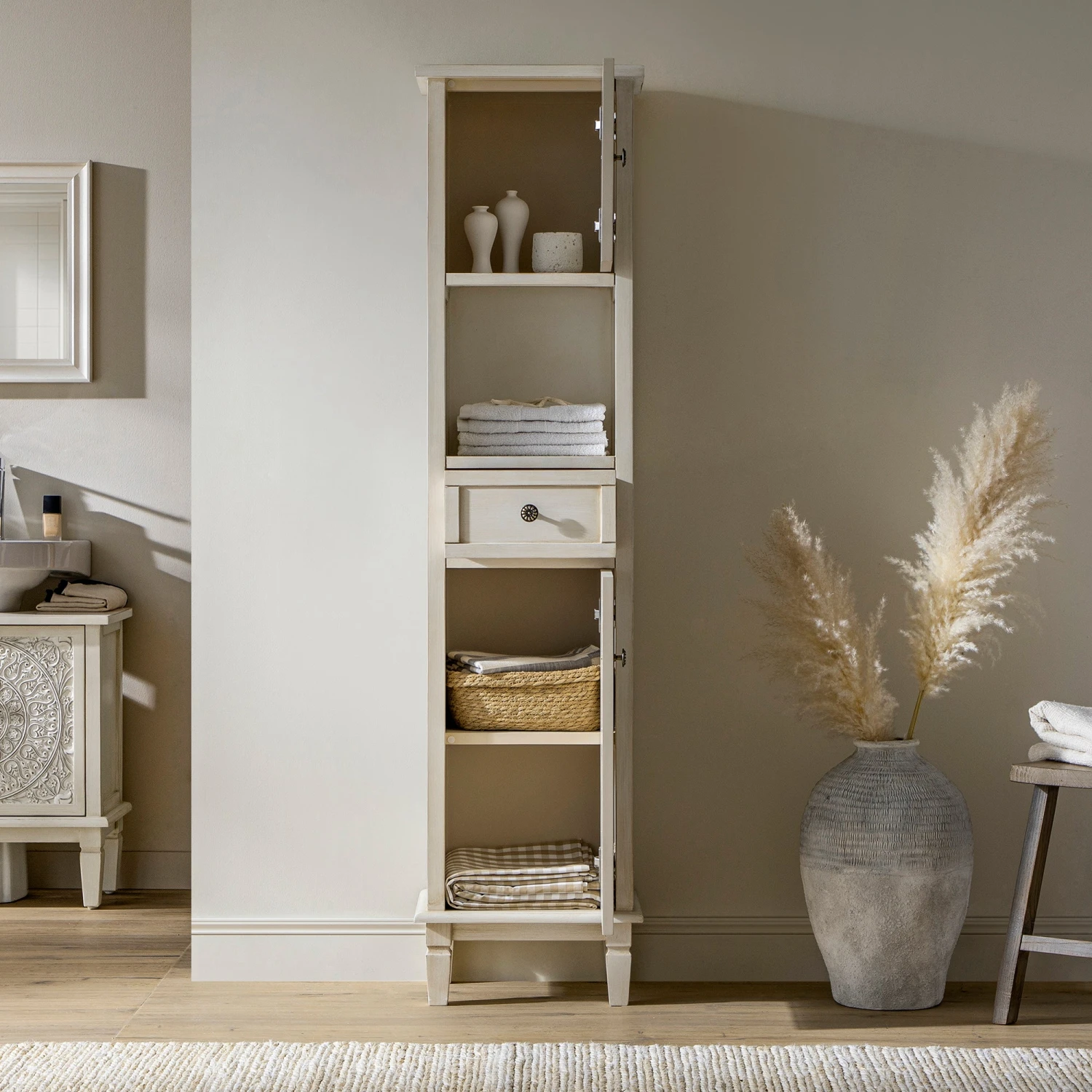 Chantilly Whitewashed Carved Bathroom Tallboy Cabinet 3 Chantilly Whitewashed Carved Bathroom Tallboy Cabinet - Image 3