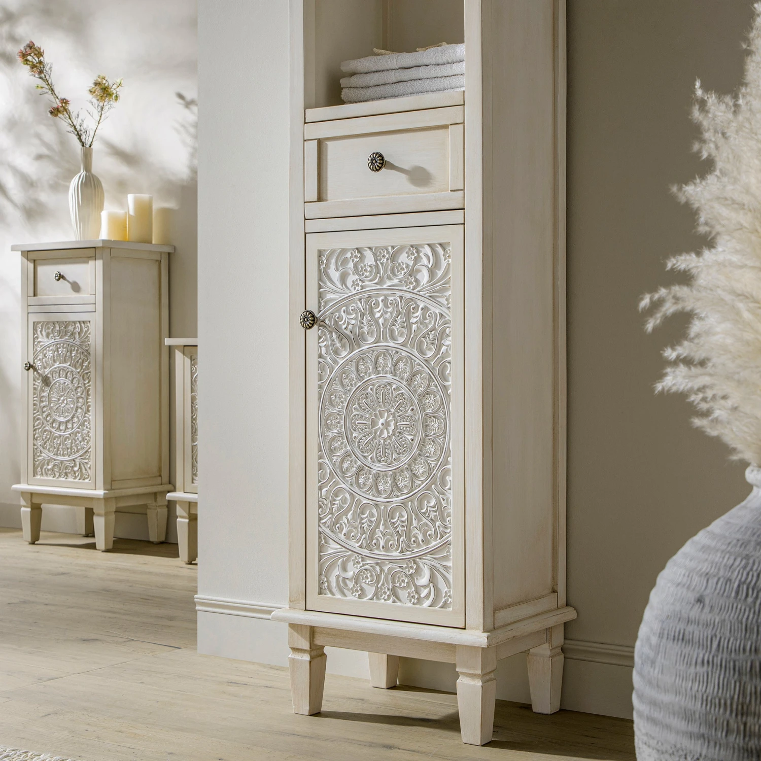 Chantilly Whitewashed Carved Bathroom Tallboy Cabinet 4 Chantilly Whitewashed Carved Bathroom Tallboy Cabinet - Image 4