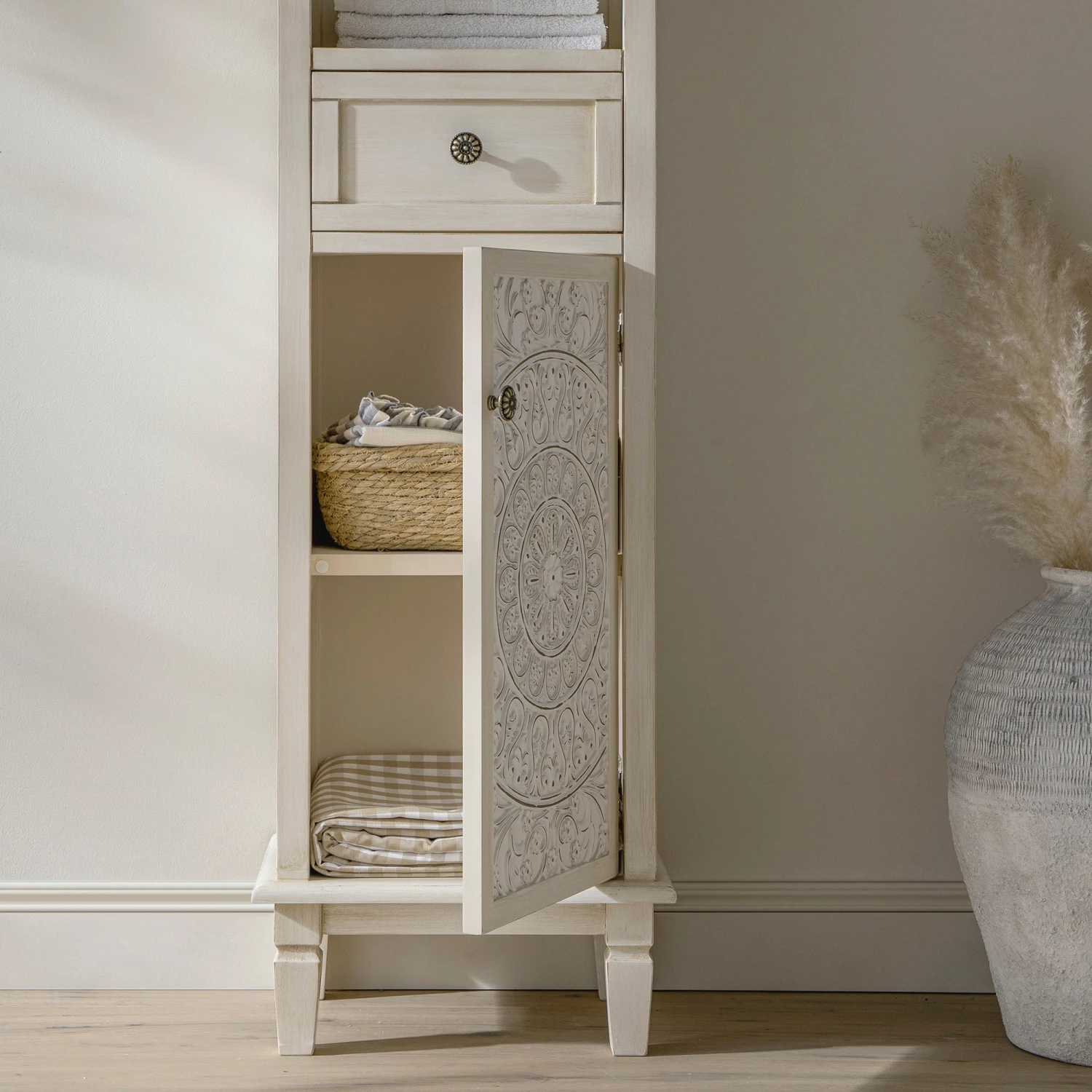 Chantilly Whitewashed Carved Bathroom Tallboy Cabinet 5 Chantilly Whitewashed Carved Bathroom Tallboy Cabinet - Image 5