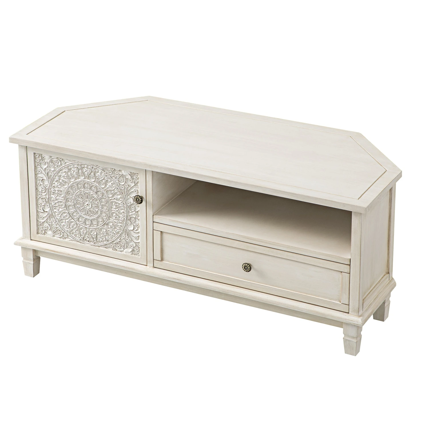 Chantilly Whitewashed Corner TV Unit with Floral Carved Detail 11 Chantilly Whitewashed Corner TV Unit with Floral Carved Detail - Image 11