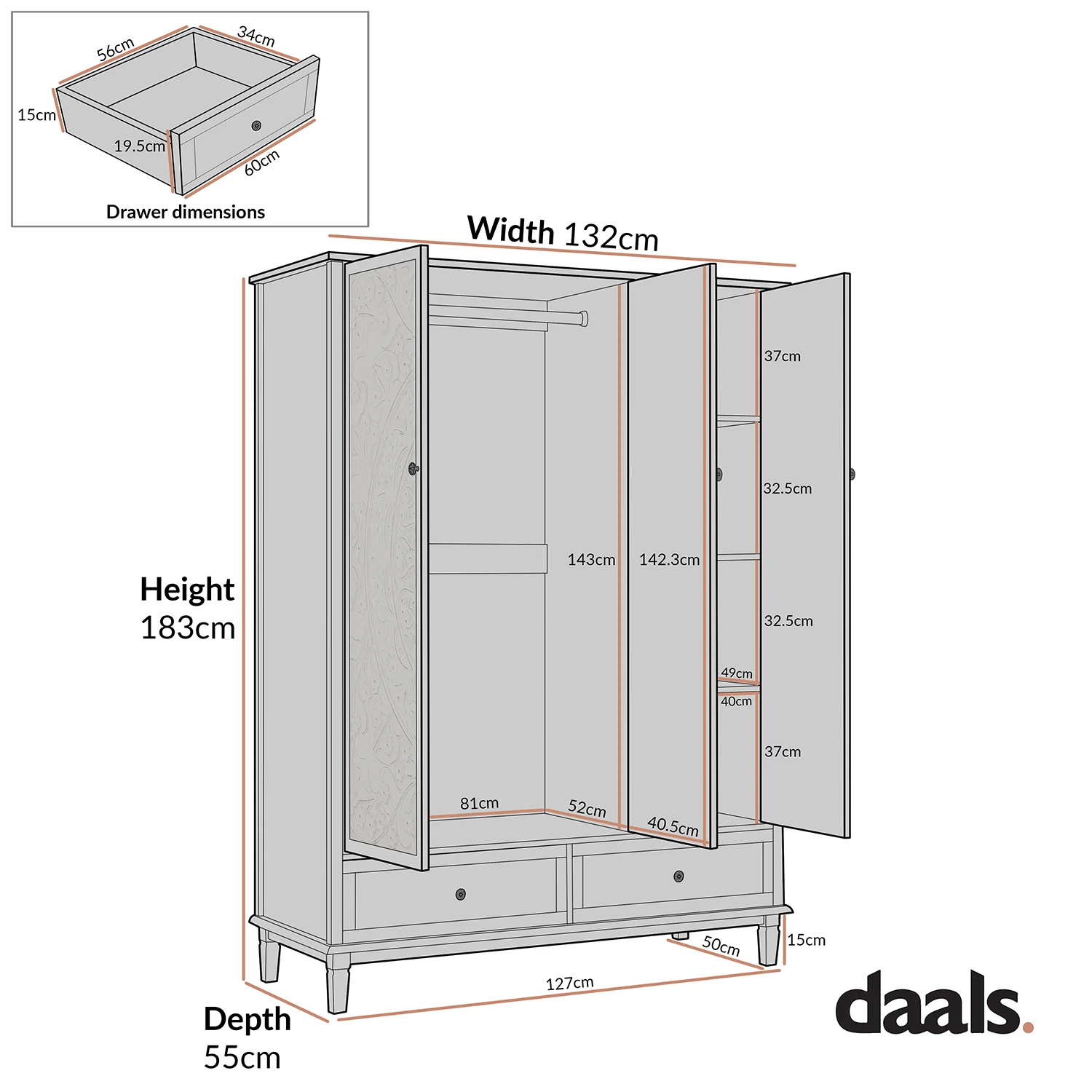 Chantilly Whitewashed Carved Triple Wardrobe 9 Chantilly Whitewashed Carved Triple Wardrobe - Image 9