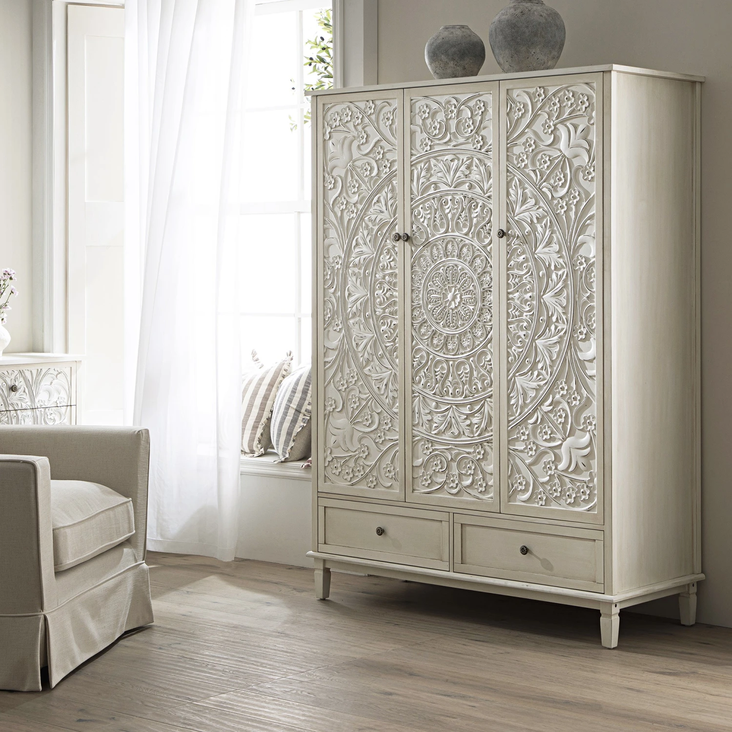 Chantilly Whitewashed Carved Triple Wardrobe 1 Chantilly Whitewashed Carved Triple Wardrobe