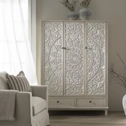 Chantilly Whitewashed Carved Triple Wardrobe 19 Chantilly Whitewashed Carved Triple Wardrobe -Daals Store XXWARD 052 WHITEWASH scene1