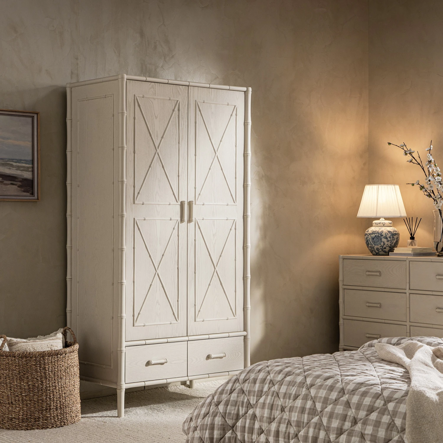 Elstowe Faux Bamboo Double Wardrobe, Shaded White 1 Elstowe Faux Bamboo Double Wardrobe, Shaded White