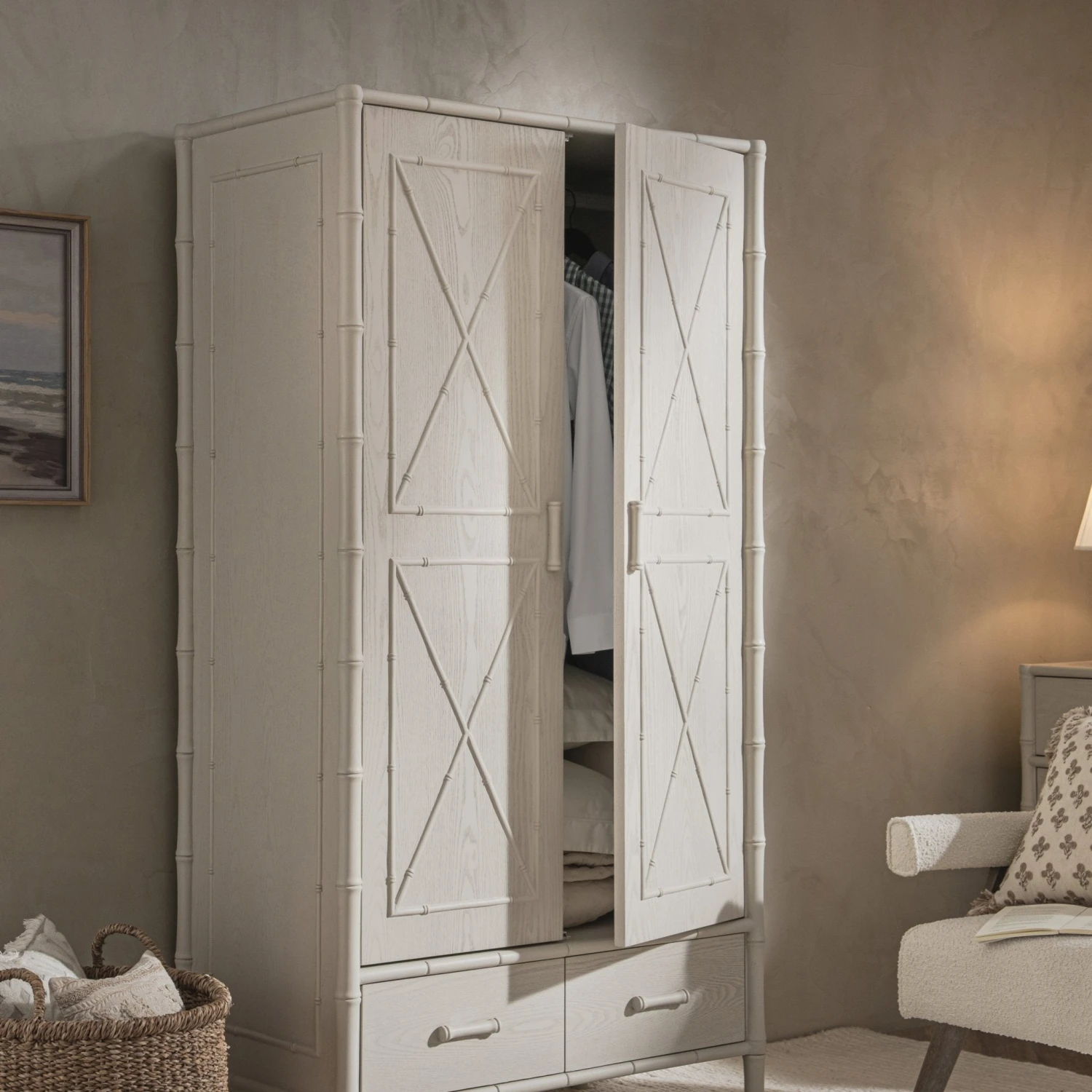 Elstowe Faux Bamboo Double Wardrobe, Shaded White 4 Elstowe Faux Bamboo Double Wardrobe, Shaded White - Image 4