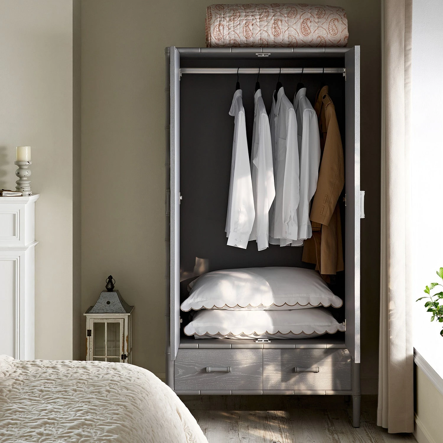 Elstowe Faux Bamboo Double Wardrobe, Warm Grey 2 Elstowe Faux Bamboo Double Wardrobe, Warm Grey - Image 2