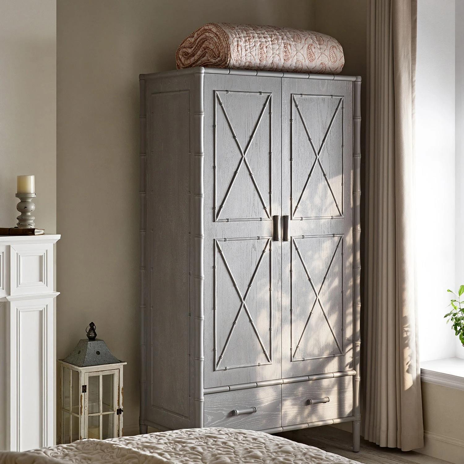 Elstowe Faux Bamboo Double Wardrobe, Warm Grey 3 Elstowe Faux Bamboo Double Wardrobe, Warm Grey - Image 3