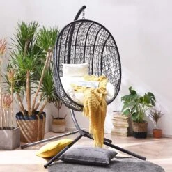 Azura Black Woven Rattan Hanging Egg Chair β Luxury Outdoor Garden Swing Seat with Deep-Fill Cushions