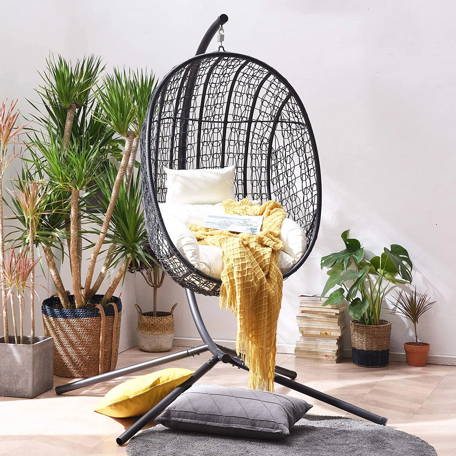 Azura Black Woven Rattan Hanging Egg Chair β Luxury Outdoor Garden Swing Seat with Deep-Fill Cushions 1 Azura Black Woven Rattan Hanging Egg Chair β Luxury Outdoor Garden Swing Seat with Deep-Fill Cushions
