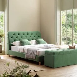 Leamington Deep-Buttoned Upholstered Bed, Meadow Green Velvet