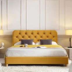 Leamington Deep-Buttoned Upholstered Bed, Turmeric Yellow Velvet -Daals Store ZX 1063 MUST VEL scene2