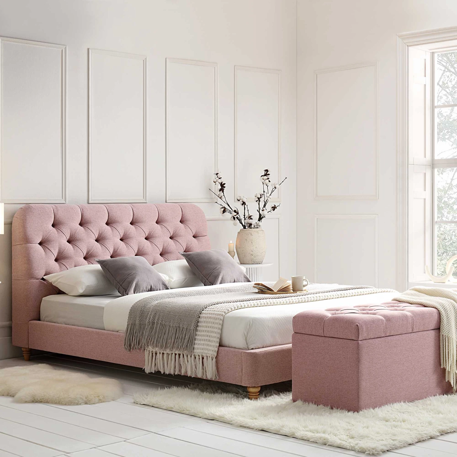 Leamington Deep-Buttoned Upholstered Bed, Rosewater Pink Fabric 1 Leamington Deep-Buttoned Upholstered Bed, Rosewater Pink Fabric