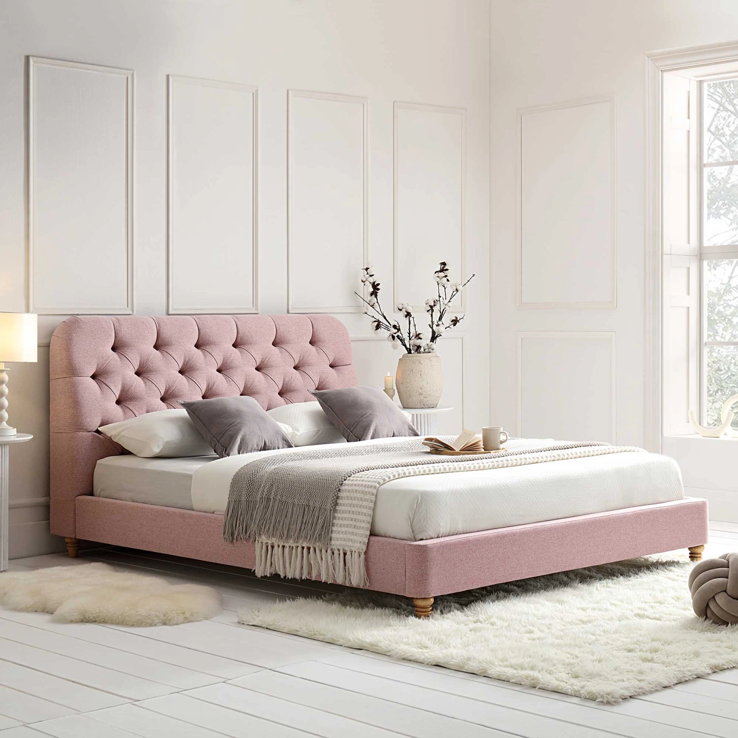 Leamington Deep-Buttoned Upholstered Bed, Rosewater Pink Fabric 2 Leamington Deep-Buttoned Upholstered Bed, Rosewater Pink Fabric - Image 2
