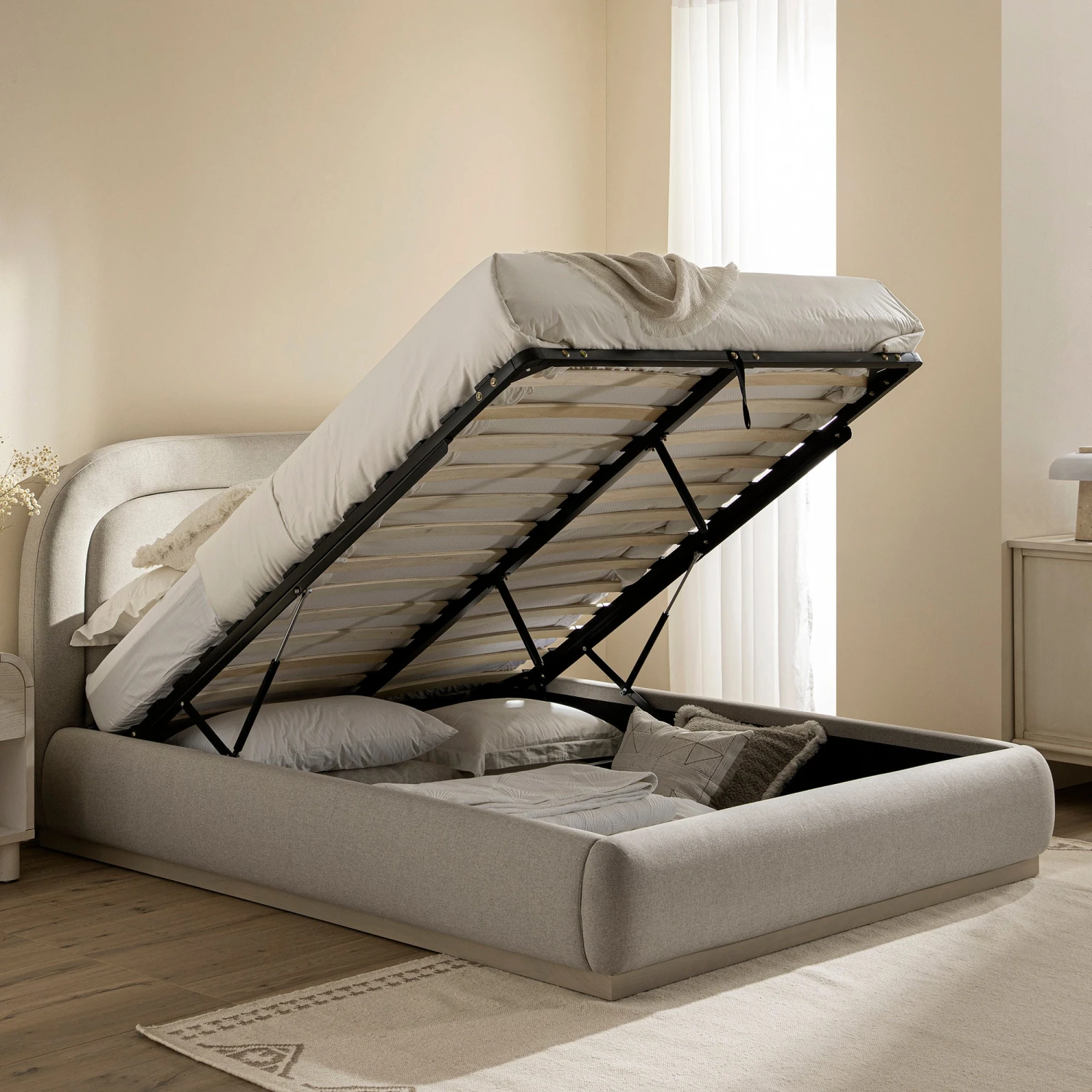 Luella Upholstered Wooden Plinth Base Storage Bed, Sand Fabric 3 Luella Upholstered Wooden Plinth Base Storage Bed, Sand Fabric - Image 3