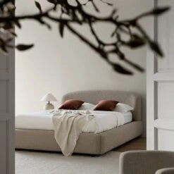 Constance Winged Headboard Ottoman Storage Bed, Light Taupe Boucle