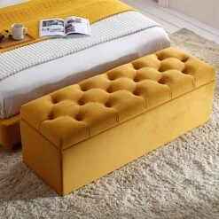 Leamington Deep-Buttoned Ottoman Storage Bench, Turmeric Yellow Velvet -Daals Store ZX 2183 MUST VEL scene1