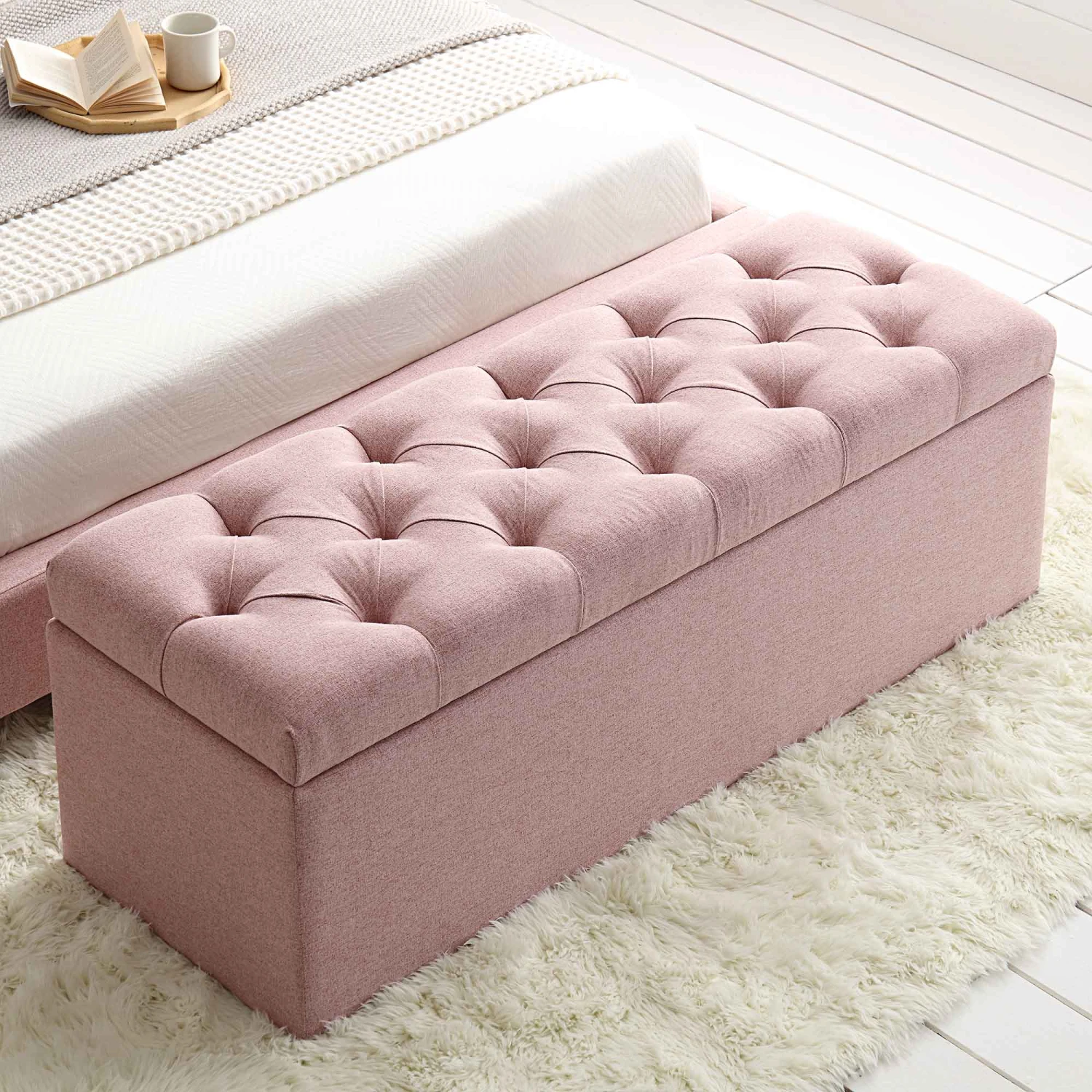 Leamington Deep-Buttoned Ottoman Storage Bench, Rosewater Pink Fabric 3 Leamington Deep-Buttoned Ottoman Storage Bench, Rosewater Pink Fabric - Image 3