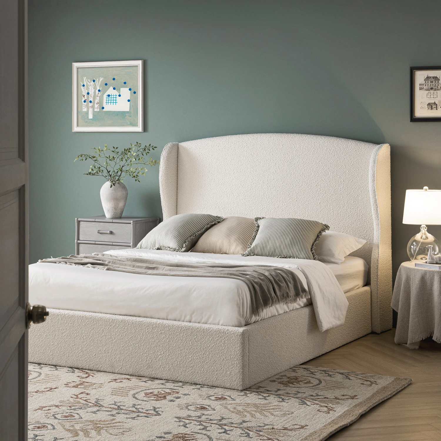 Kimberly Winged Upholstered Storage Bed, Ecru Boucle 1 Kimberly Winged Upholstered Storage Bed, Ecru Boucle