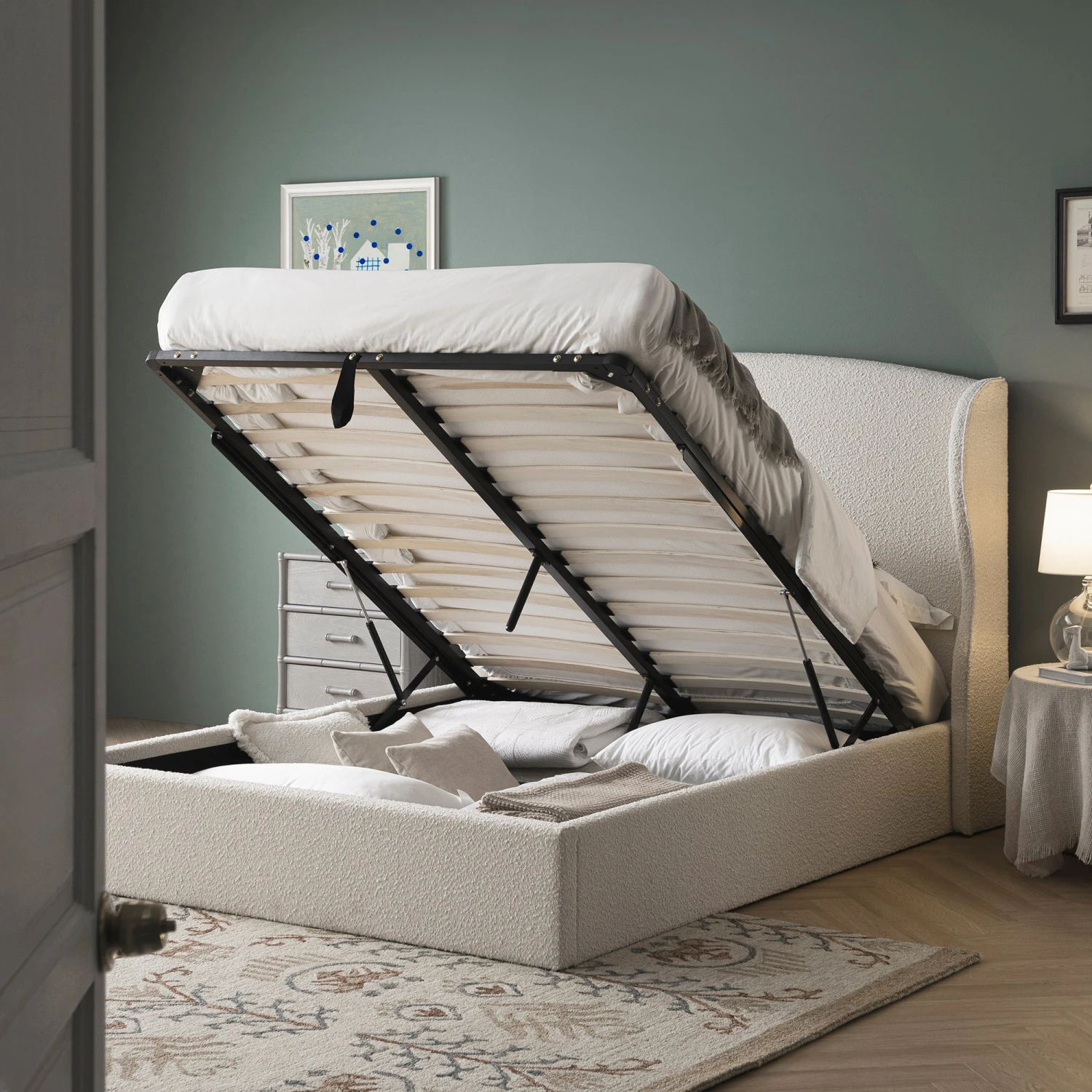 Kimberly Winged Upholstered Storage Bed, Ecru Boucle 3 Kimberly Winged Upholstered Storage Bed, Ecru Boucle - Image 3