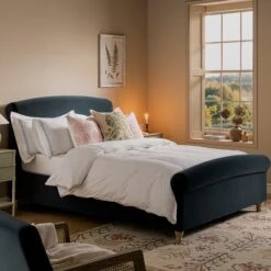 Porchester Ottoman Storage Sleigh Bed, Aegean Blue Velvet