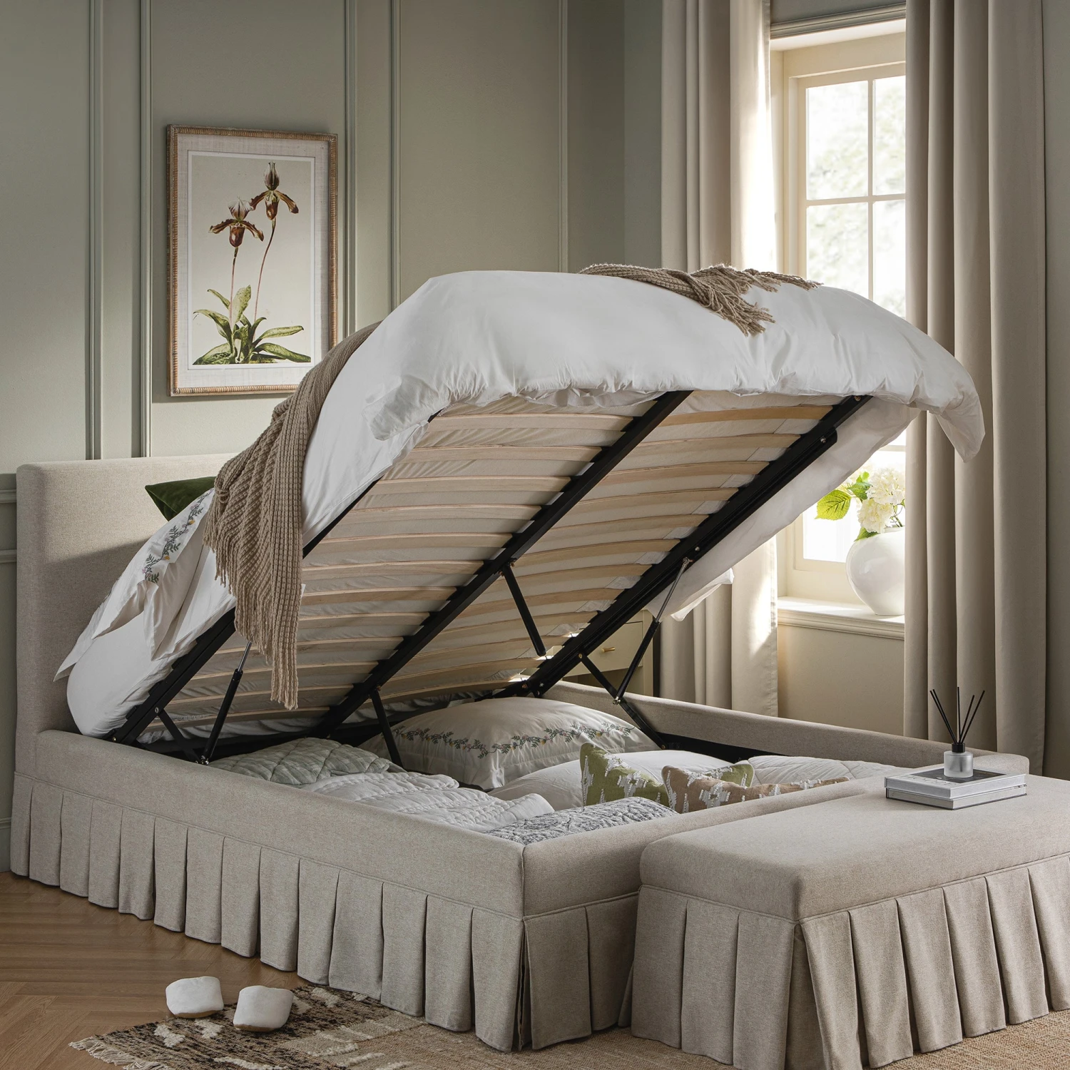 Egerton Box-Pleat Ottoman Storage Bed, Oatmeal Brushed Fabric 3 Egerton Box-Pleat Ottoman Storage Bed, Oatmeal Brushed Fabric - Image 3